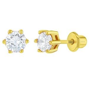 925 Sterling Silver Gold Plated CZ Prong Set Screw Back Earrings for Girls 4mm